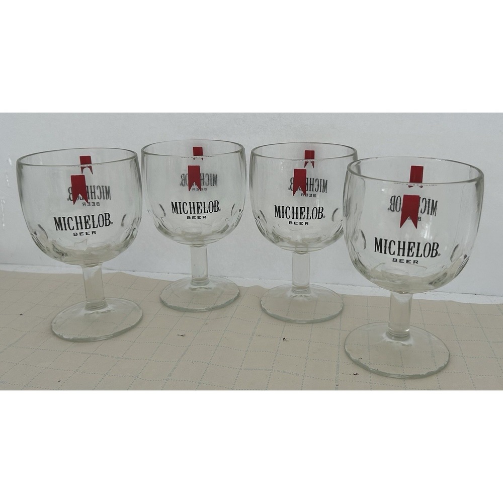 Set 4 Michelob Thumbprint Beer Goblets‎ Heavy Glass Pedestal Mugs Barware